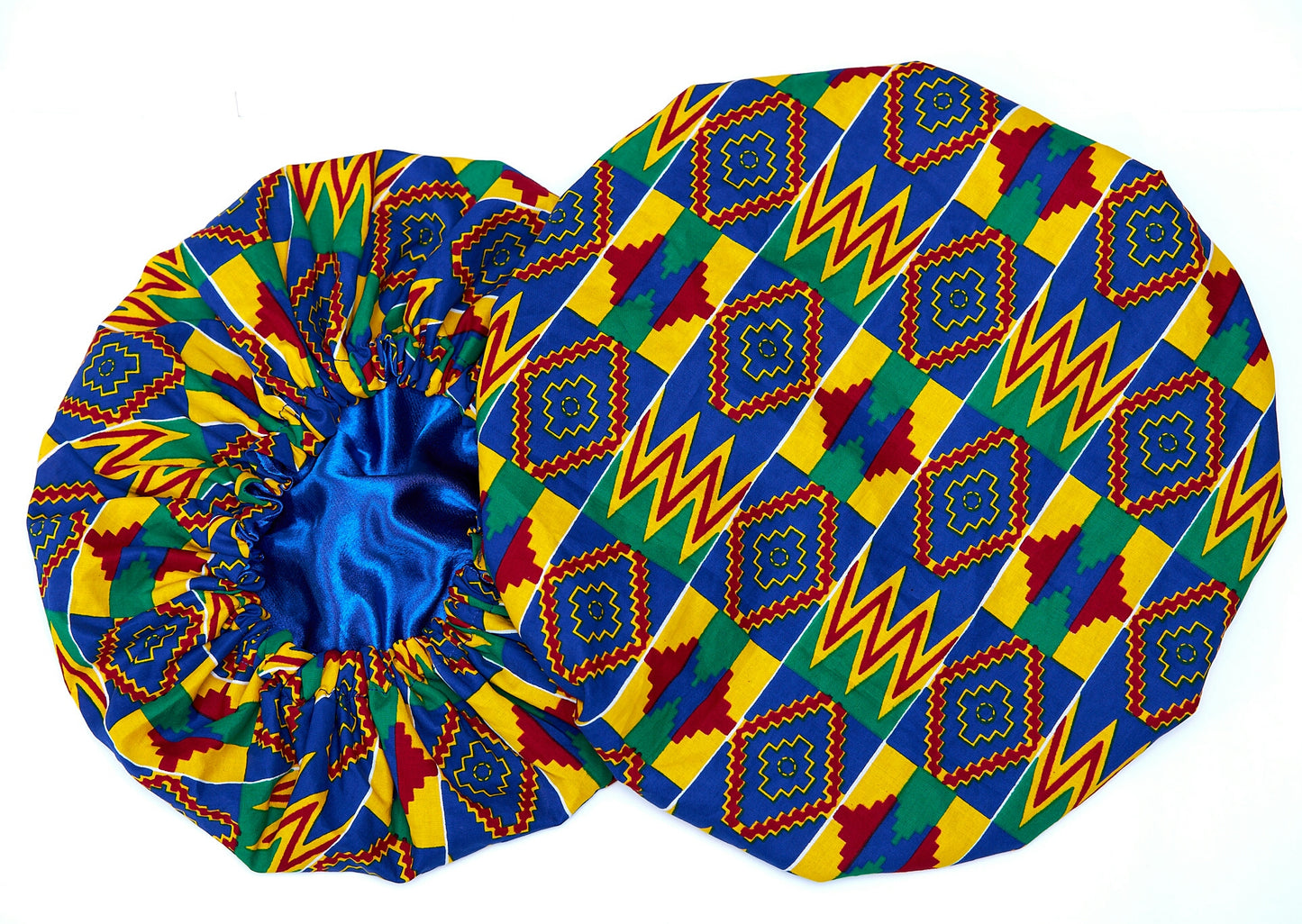 Ghanaian Kente Wax Print Made of Yellow, Red,Green And  Blue Blend of Beautiful Colours And Pattern With Adinkira Symbols, Hand Made Elastic Silklined Bonnet With Band