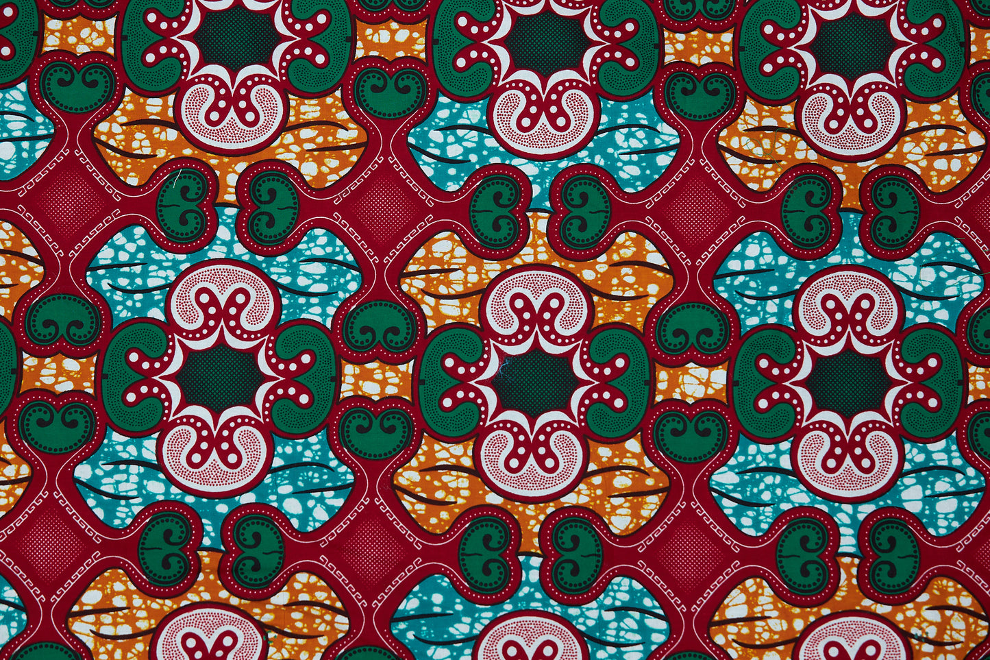 Ankara Cotton wax Print Made of Red, Orange,Green White,abd Seablue Colours Beautifully Arranged Detachable Silklined Headwrap