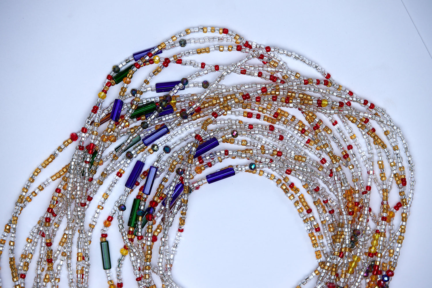 45 Gold, Red And Silver Blue  Beads With Green , Blue, And Red Pebble Bar Tie On Waist Beads