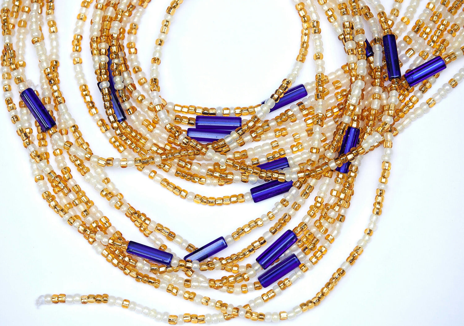 46 Inches White And Gold Beads With Deep Blue Pebble Bars Tie on Waist Beads
