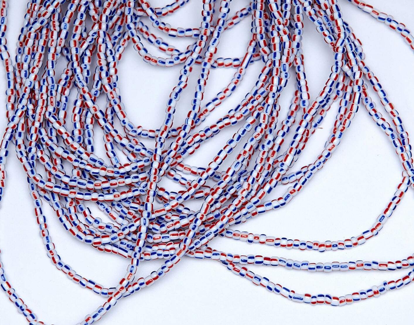 36 Inches Stripped Red, Blue And White Tie On Dipo Waist Beads