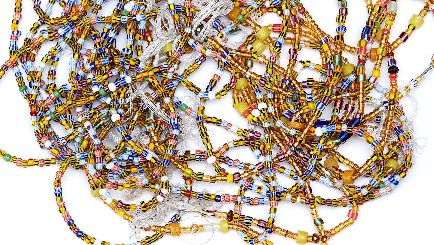 44 Inches Stripped Yellow And Black, Stripped Blue And White, Stripped Red , Black And White , And Gold Beads With Yellow Pebble Bars Tie on Dipo Waist Beads