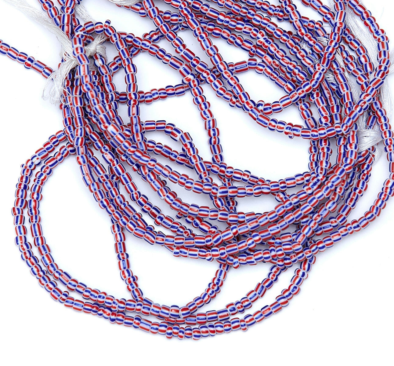 36 Inches Stripped Red, Blue And White Tie On Dipo Waist Beads