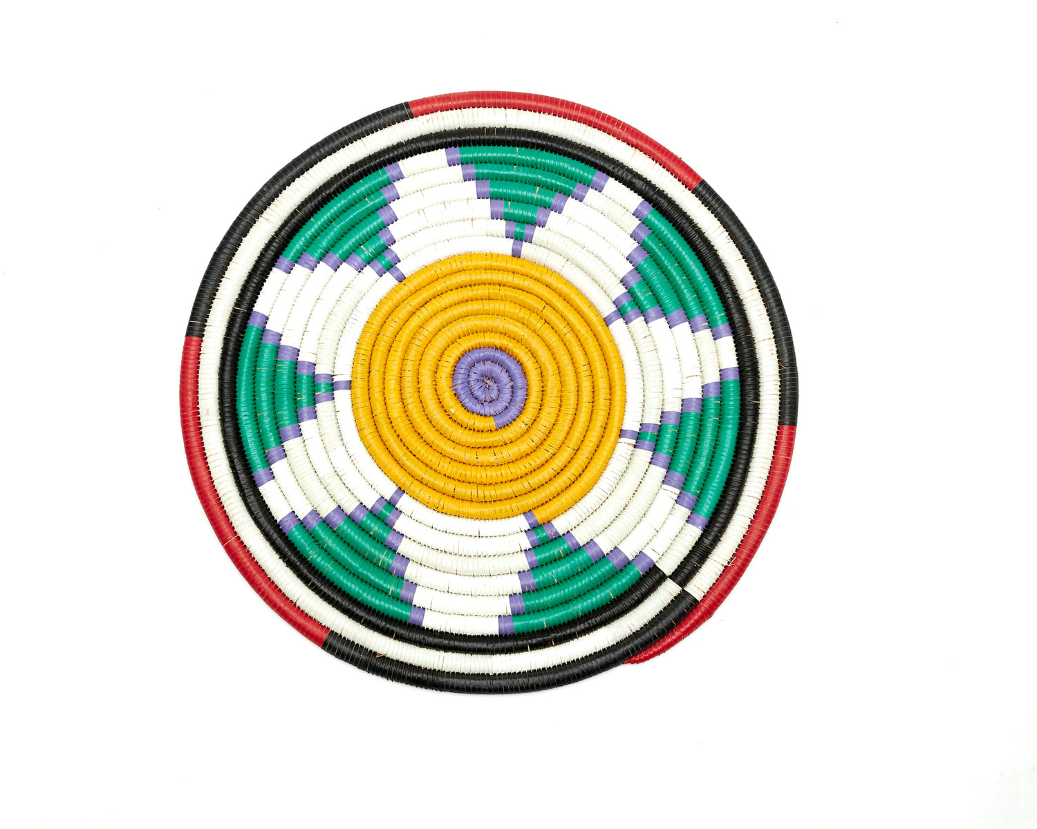 White, purple,green, yellow,red and black colored round African hand woven multipurpose Trivet, Woven Wall Disc, Wall Plate, Hanging Basket, Wall Decor