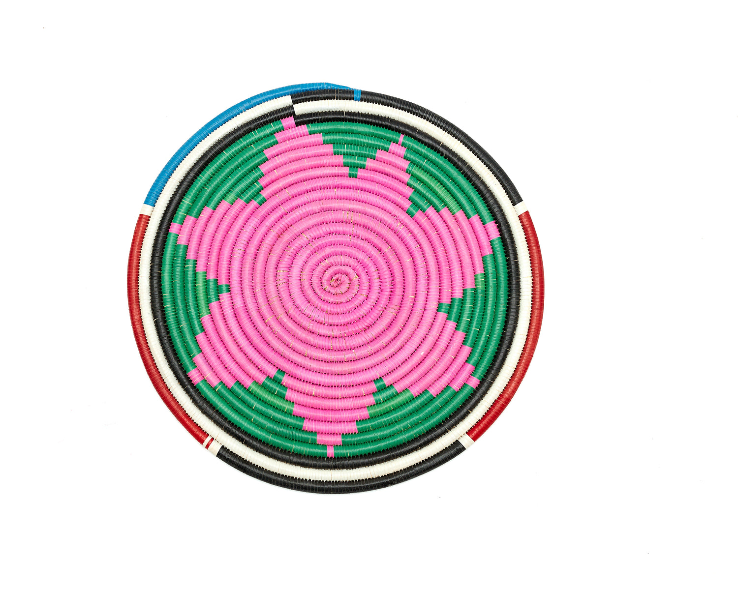 Pink, white,green,red,seablue and black colored round African hand woven multipurpose Trivet, Woven Wall Disc, Wall Plate, Hanging Basket, Wall Decor