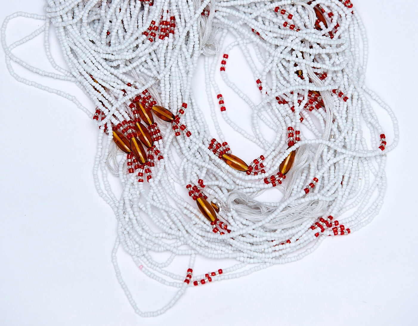 42 Inches Long White Purity, Red,Clear With Brown Pebbles Coloured 3-in-One Waist Beads