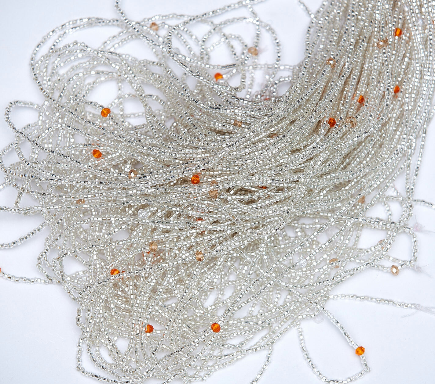 46 inches Silver Glass Beads With Orange pebble Bar Tie On waist beads