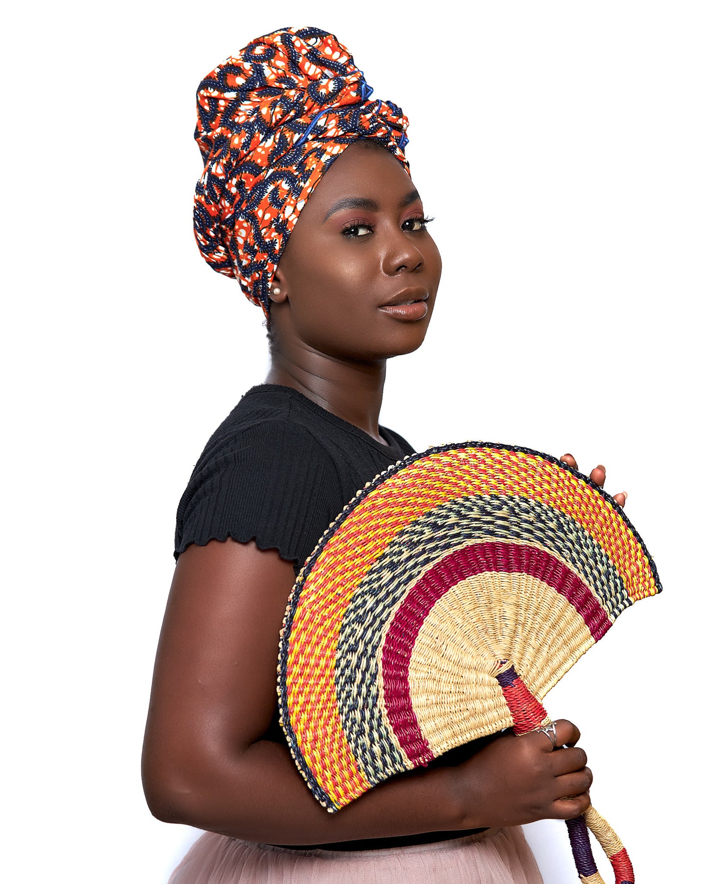 Orange,White, Blue Ankara Print Detachable Silklined Headwrap