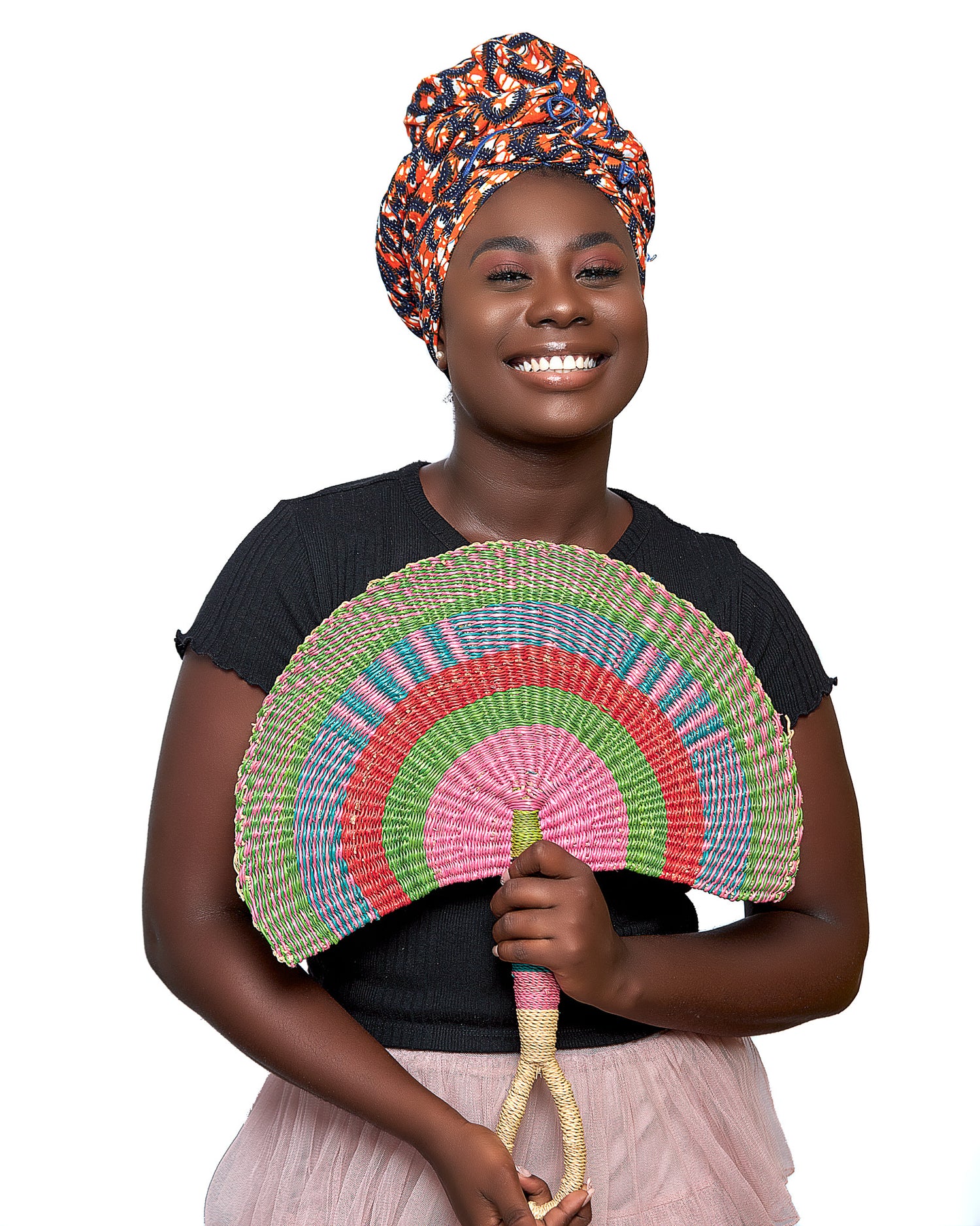 Orange,White, Blue Ankara Print Detachable Silklined Headwrap