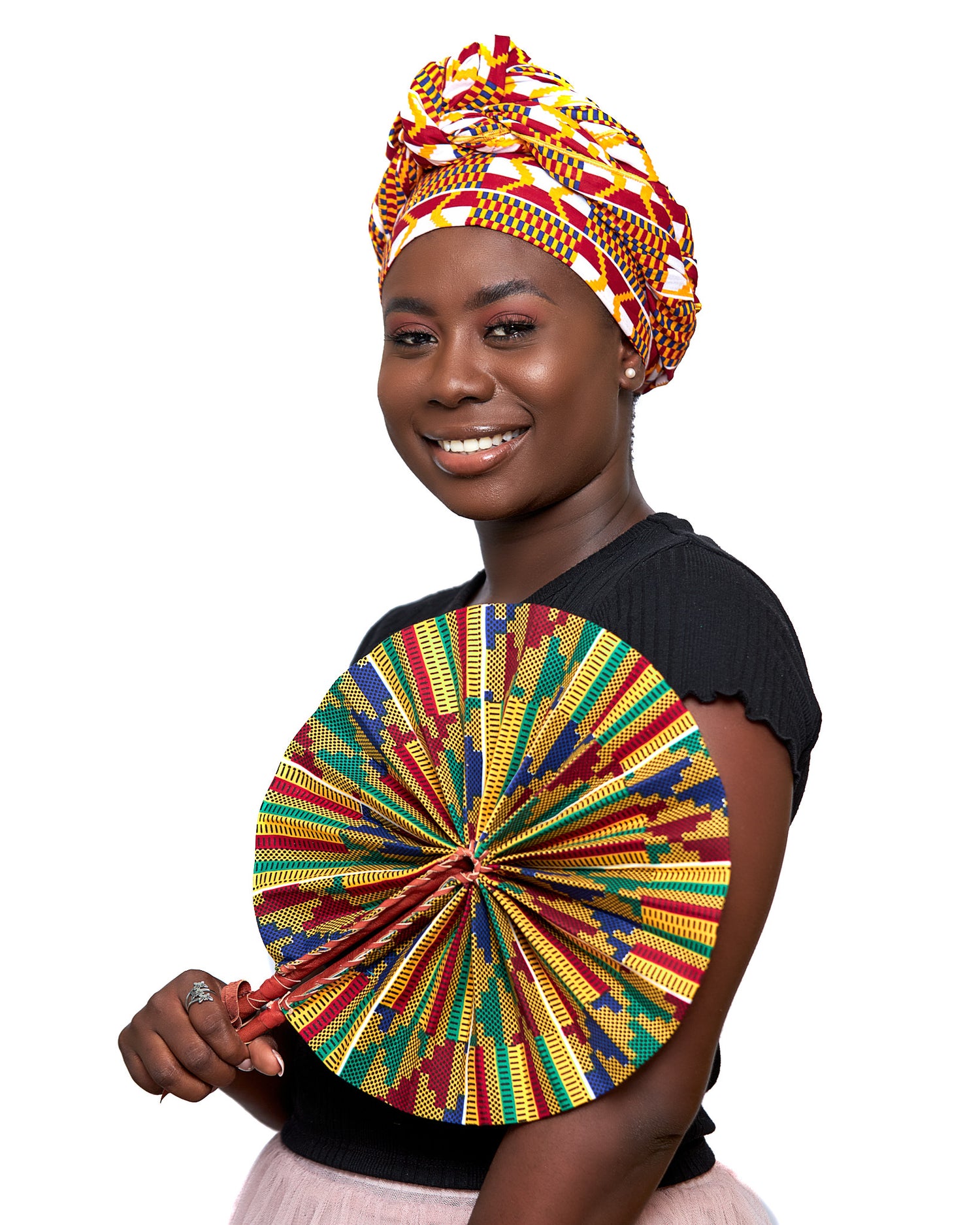 Red,White,Gold,Blue Stripped Ghanaian Kente Print Detachable Silklined Headwrap