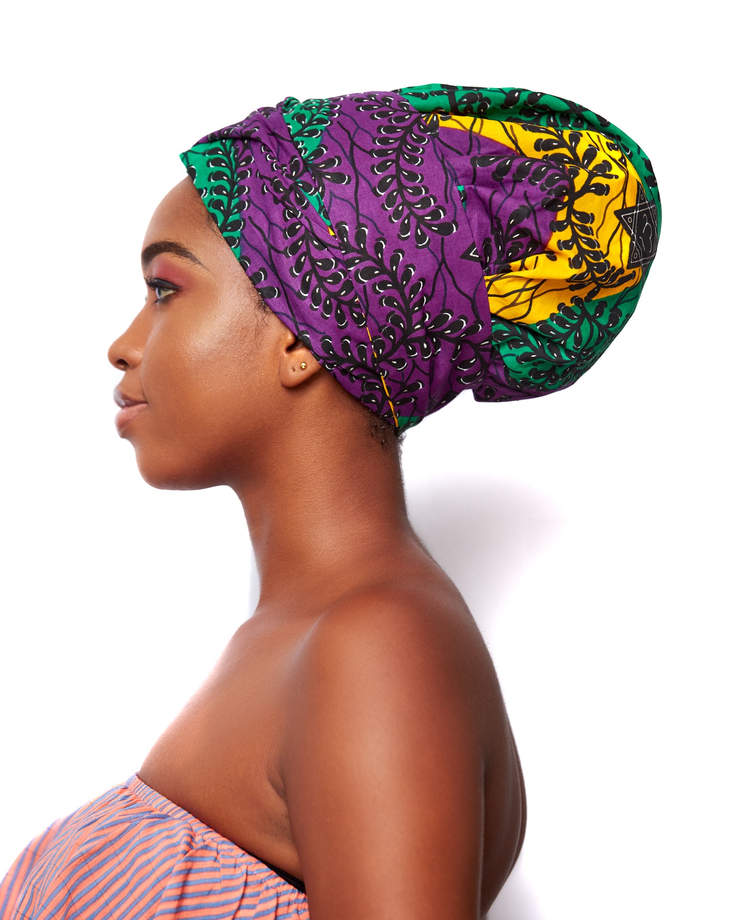 Ankara Wax Print Made of Green, Yellow, Purple And Black Blend of Beautiful Colours And Pattern, Hand Made Elastic Silklined Bonnet With Band