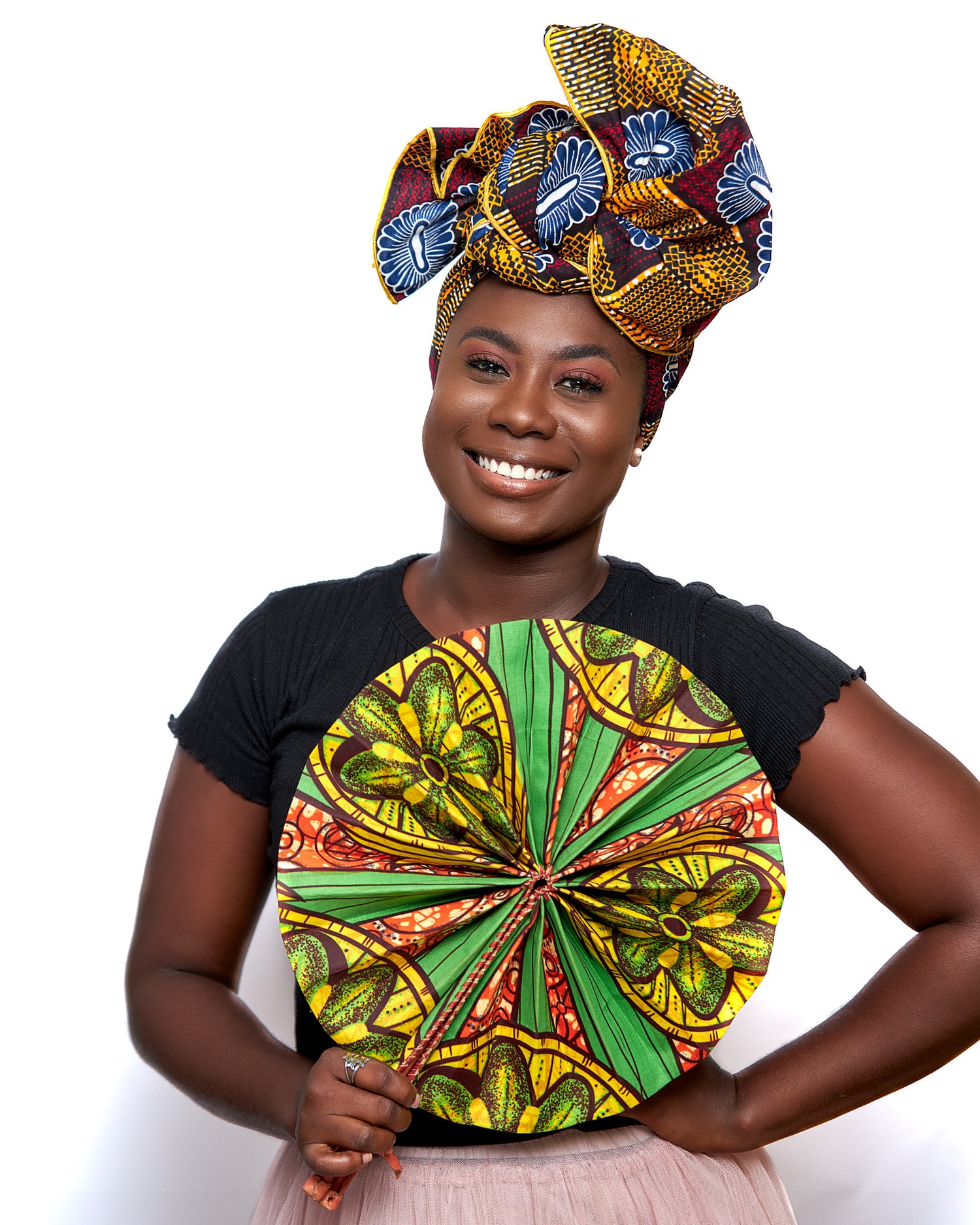 Gold, Red, Blue, Black White Ankara Designed Print Detachable Silklined Headwrap