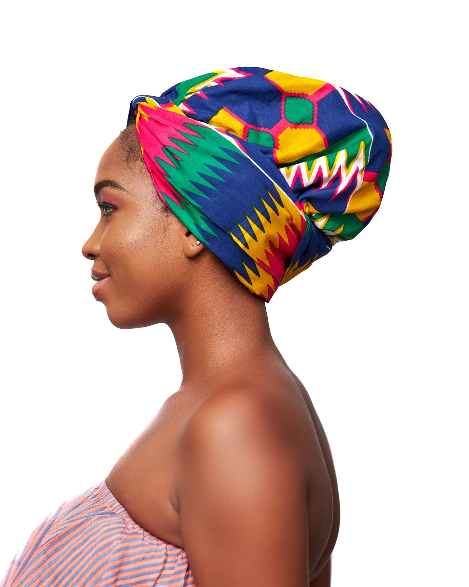 Ghanaian Kente Wax Print Made of Pink,Gold, Red, Green,Blue Blend of Beautiful Colours And Pattern With Adinkira Symbols, Hand Made Elastic Silklined Bonnet With Band