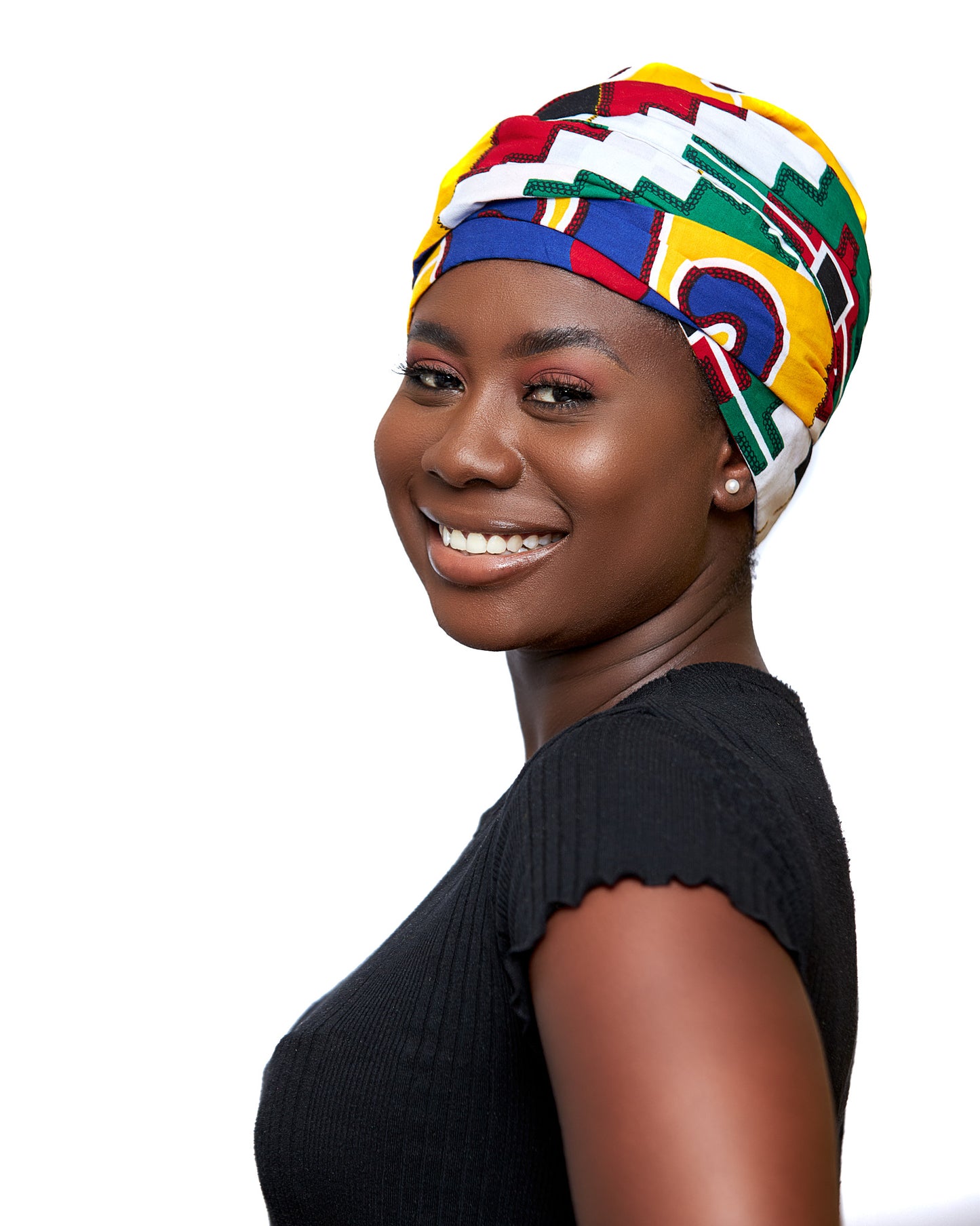 Ghanaian Kente Wax Print Made of Yellow, Red, Green,Blue, Black  and White Blended Beautiful Colours And Pattern With Adinkira Symbols, Hand Made Elastic Silklined Bonnet With Band