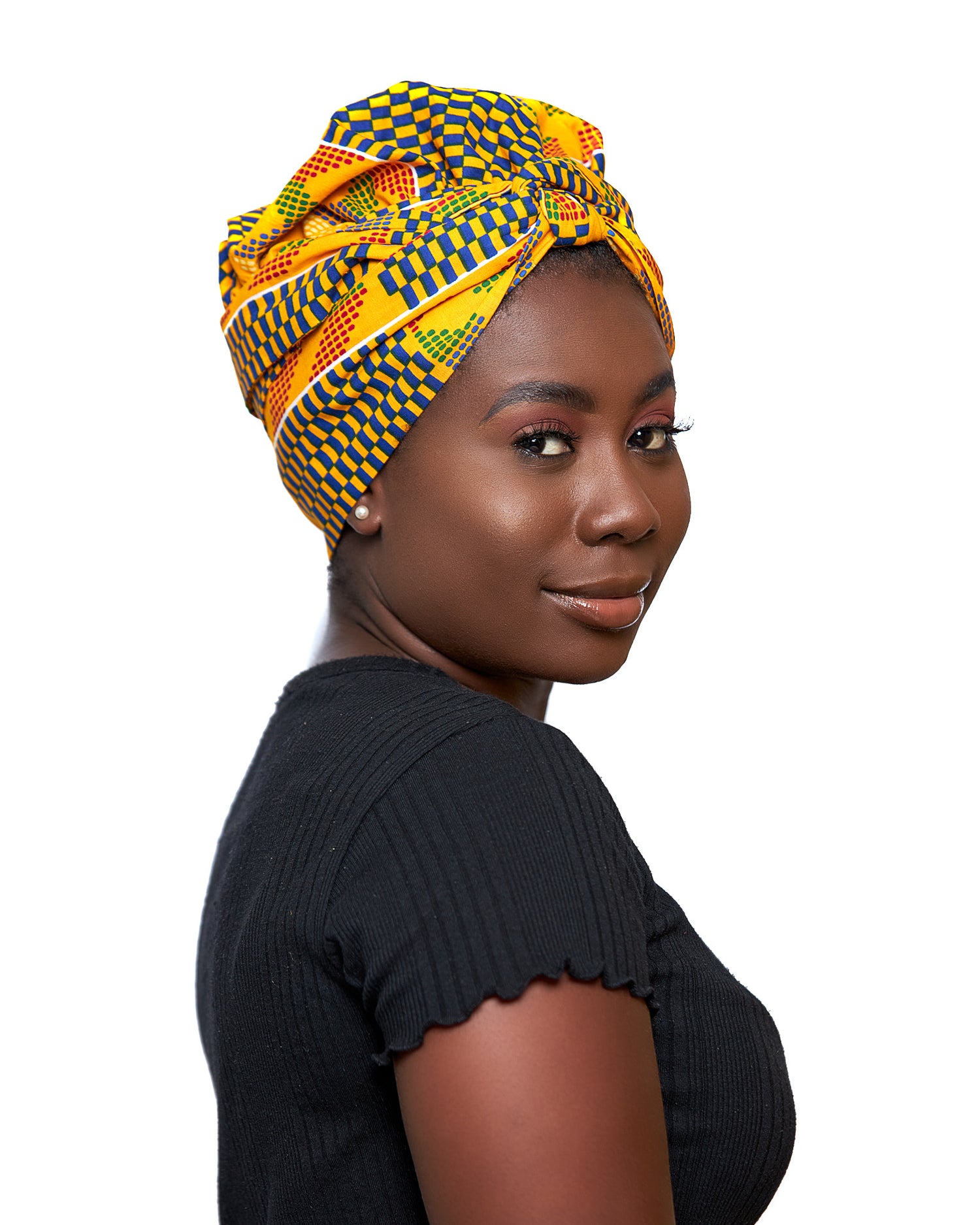 Ghanaian Kente Wax Print Made of White,Gold, Red, Blue Blend of Beautiful Colours And Pattern With Adinkira Symbols, Hand Made Elastic Silklined Bonnet With Band