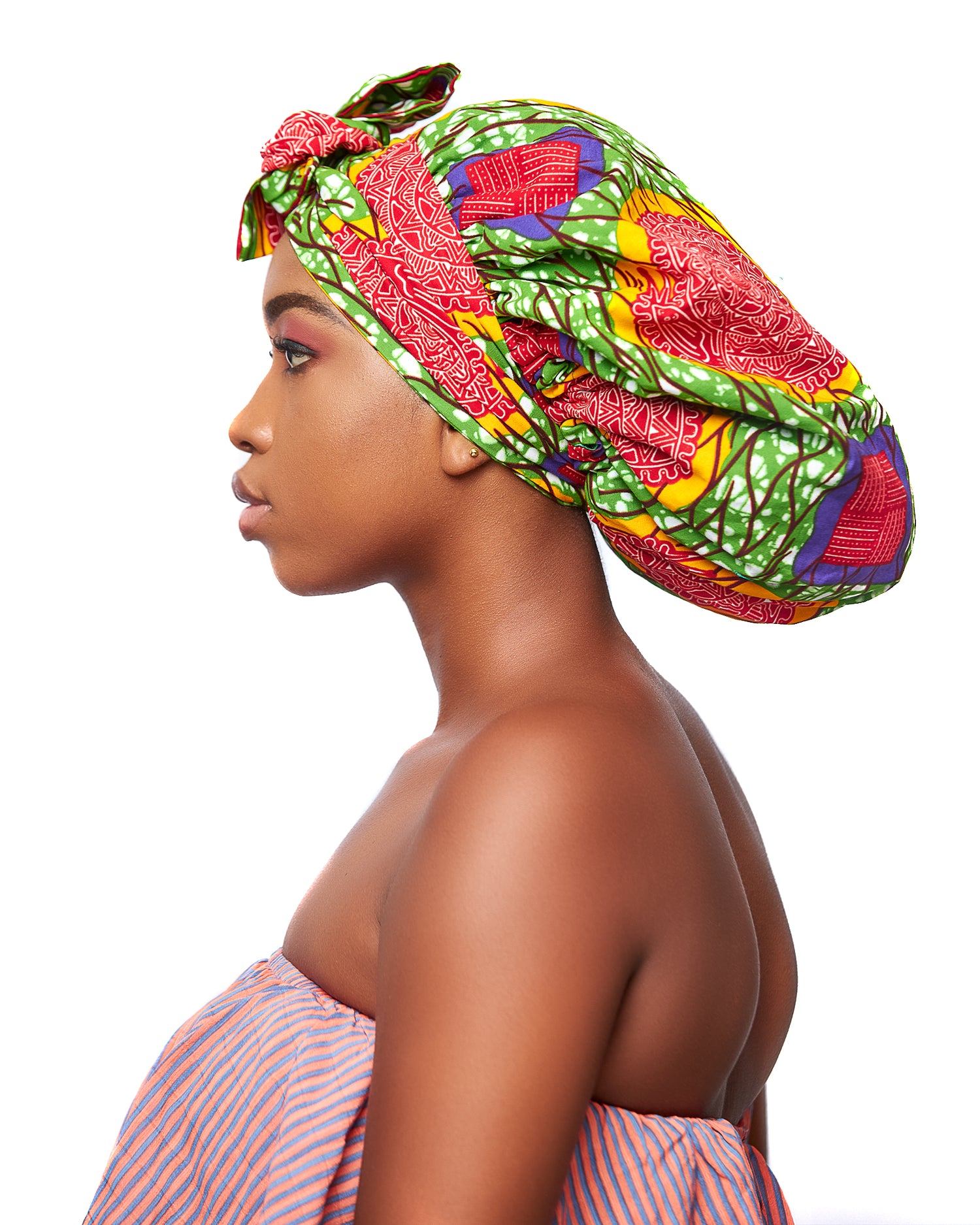 Ankara Wax Print Made of Green, Yellow, Red, White And Purple Blend of Beautiful Colours And Pattern, Hand Made Elastic Silklined Bonnet With Band