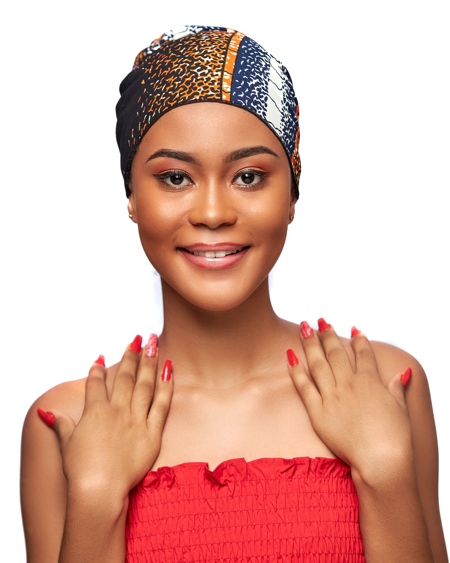 Blue, Orange Black And White Detachable Silklined Ankara Headwrap
