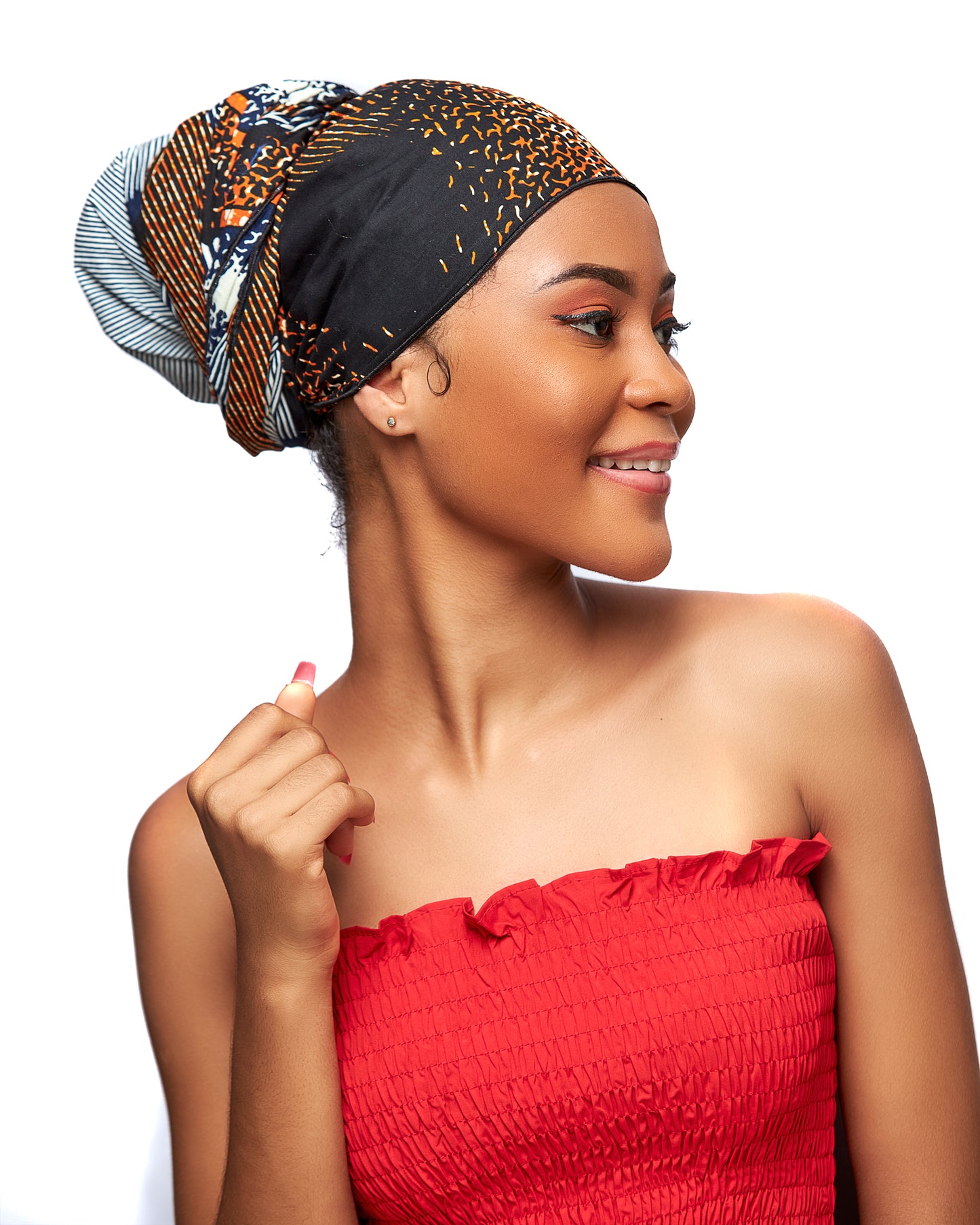 Blue, Orange Black And White Detachable Silklined Ankara Headwrap