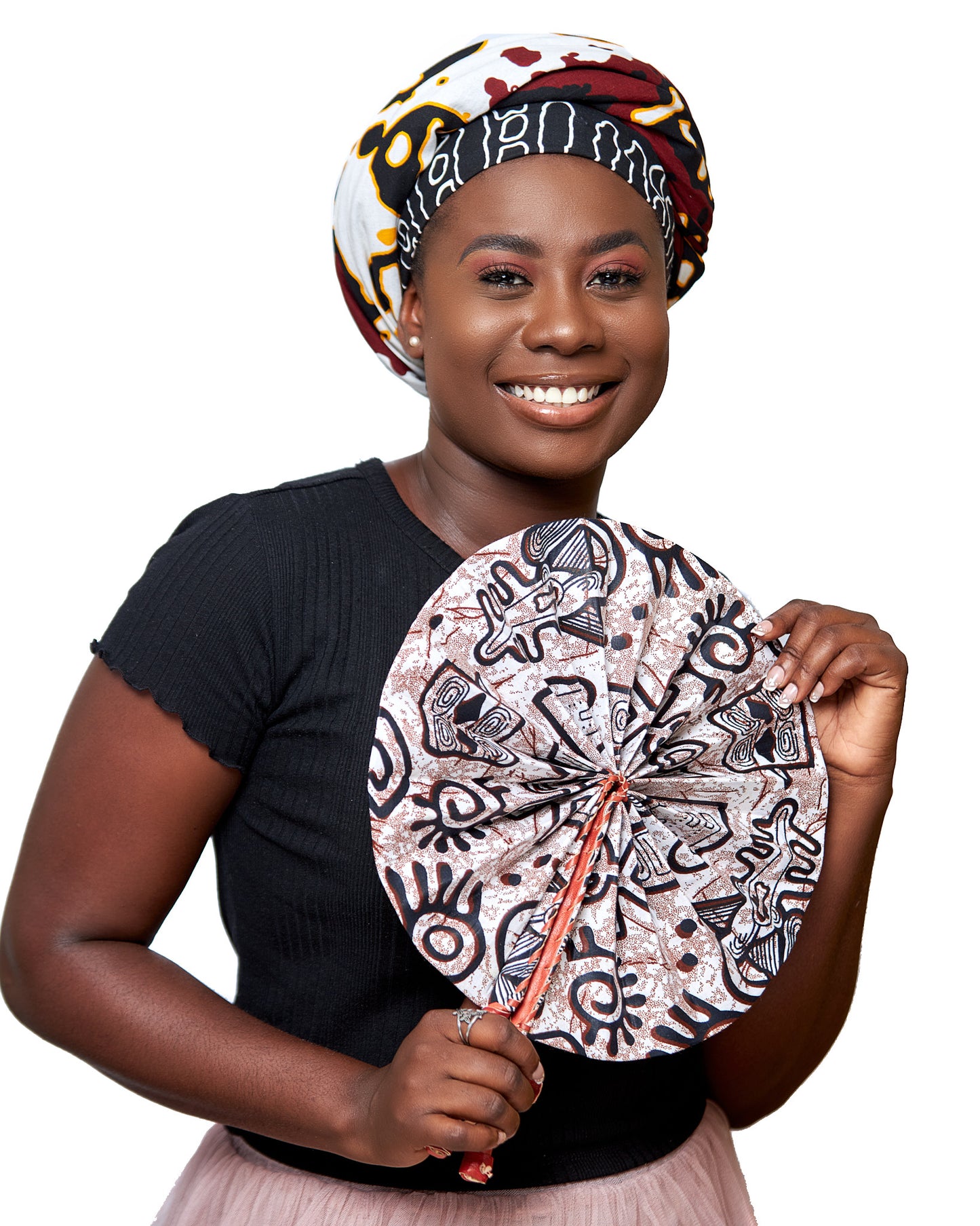 Brown, Black,White, Yellow Bogolan Art Print Detachable Silklined Headwrap