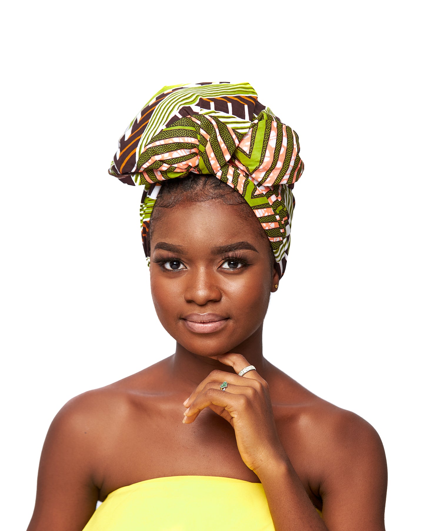 Brown, White, Peach,Gold and Green Ankara Detachable Silklined Headwrap