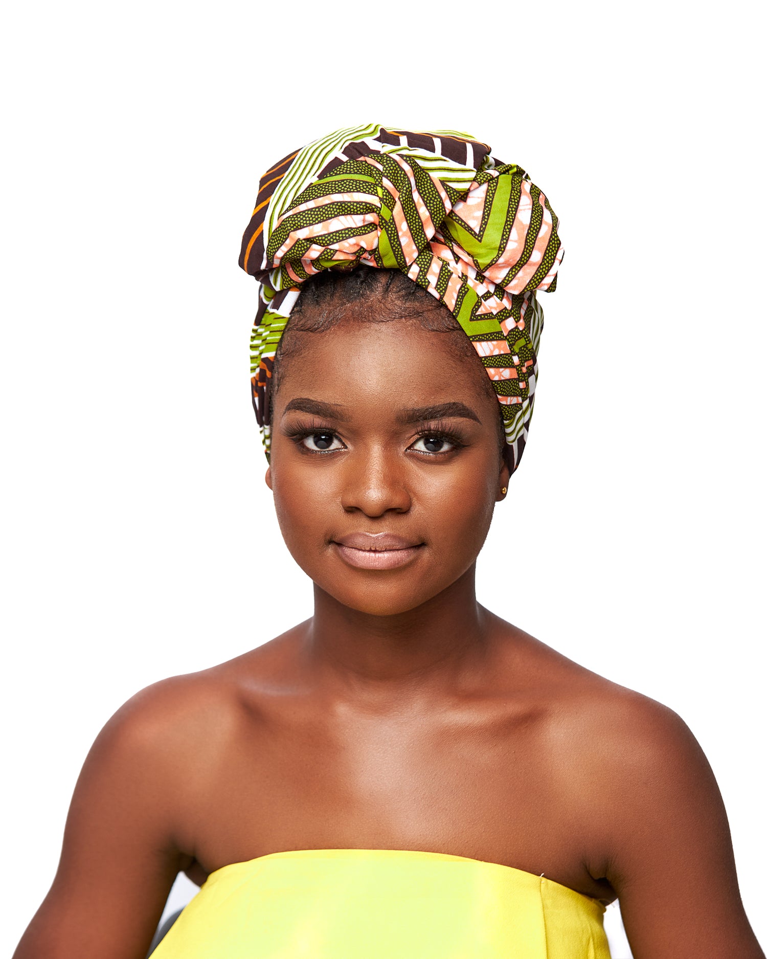 Brown, White, Peach,Gold and Green Ankara Detachable Silklined Headwrap