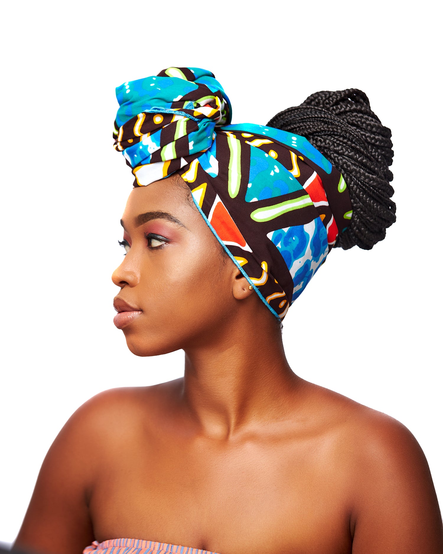 Seablue,Red, Brown,Gold And White Bogolan Bold Print Detachable Silklined Headwrap