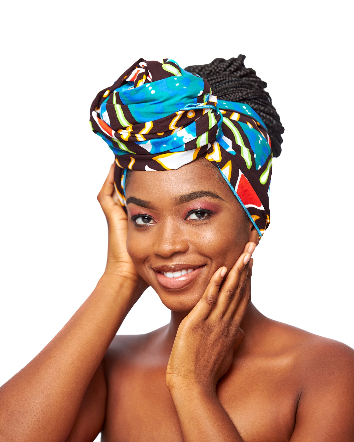 Seablue,Red, Brown,Gold And White Bogolan Bold Print Detachable Silklined Headwrap