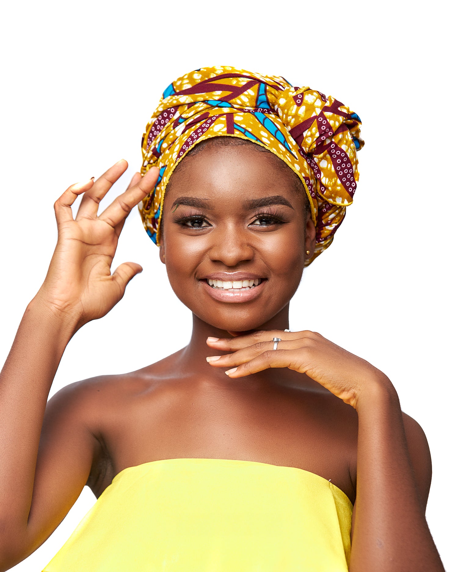 Favour Gold,Wine,seablue And White Leafy Designed  Ankara Detachable Silklined Headwrap