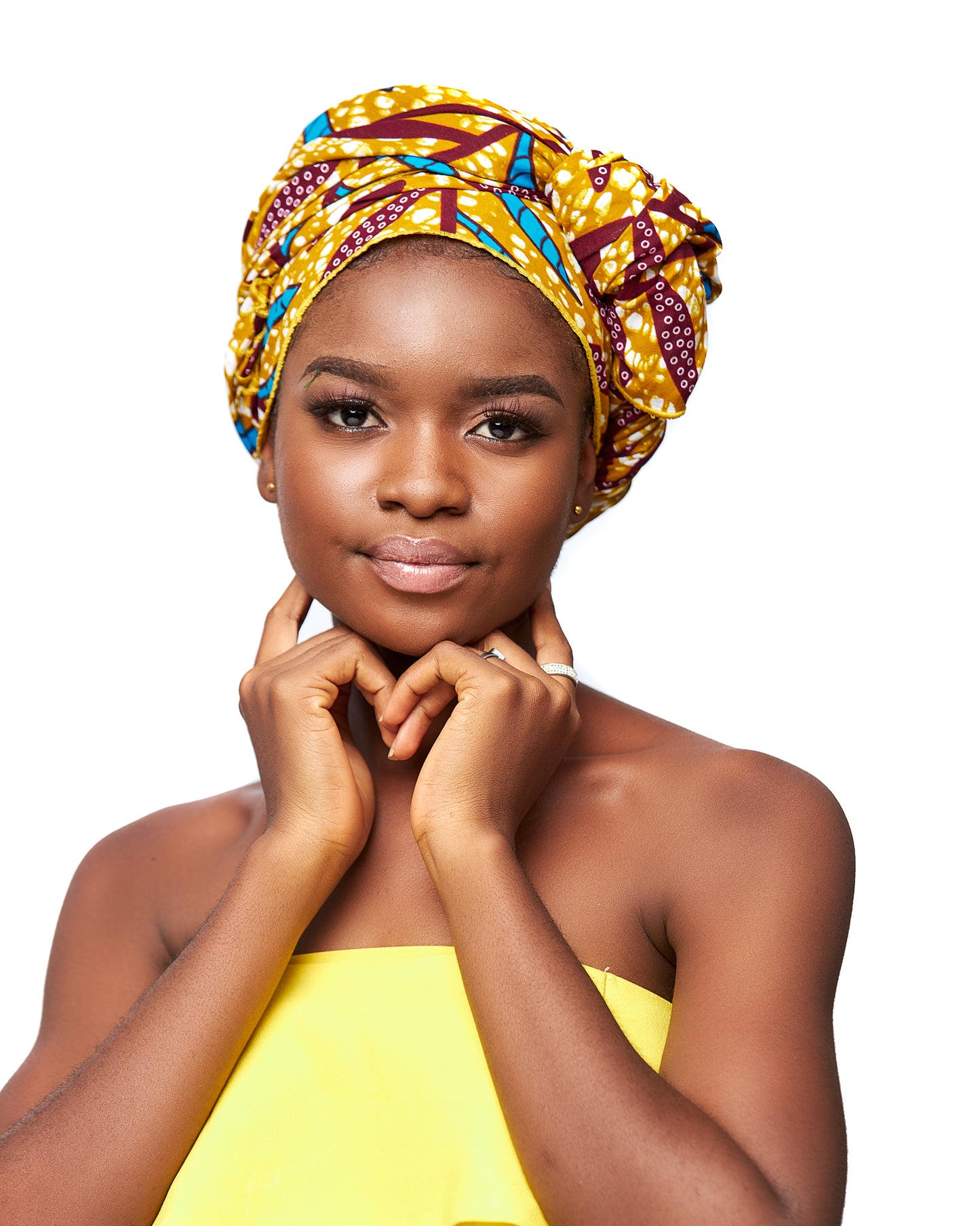 Gold,Wine,seablue And White Leafy Designed  Ankara Detachable Silklined Headwrap