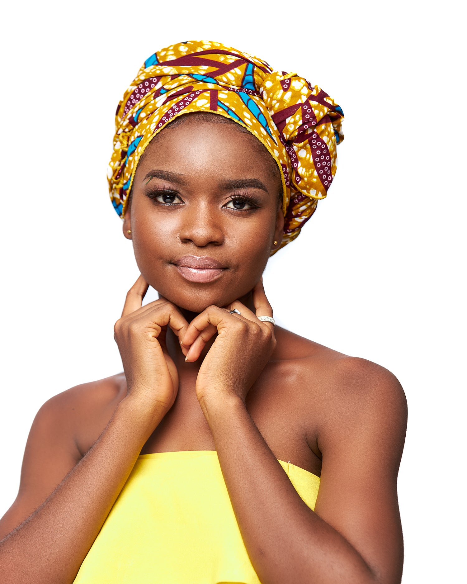 Gold,Wine,seablue And White Leafy Designed  Ankara Detachable Silklined Headwrap