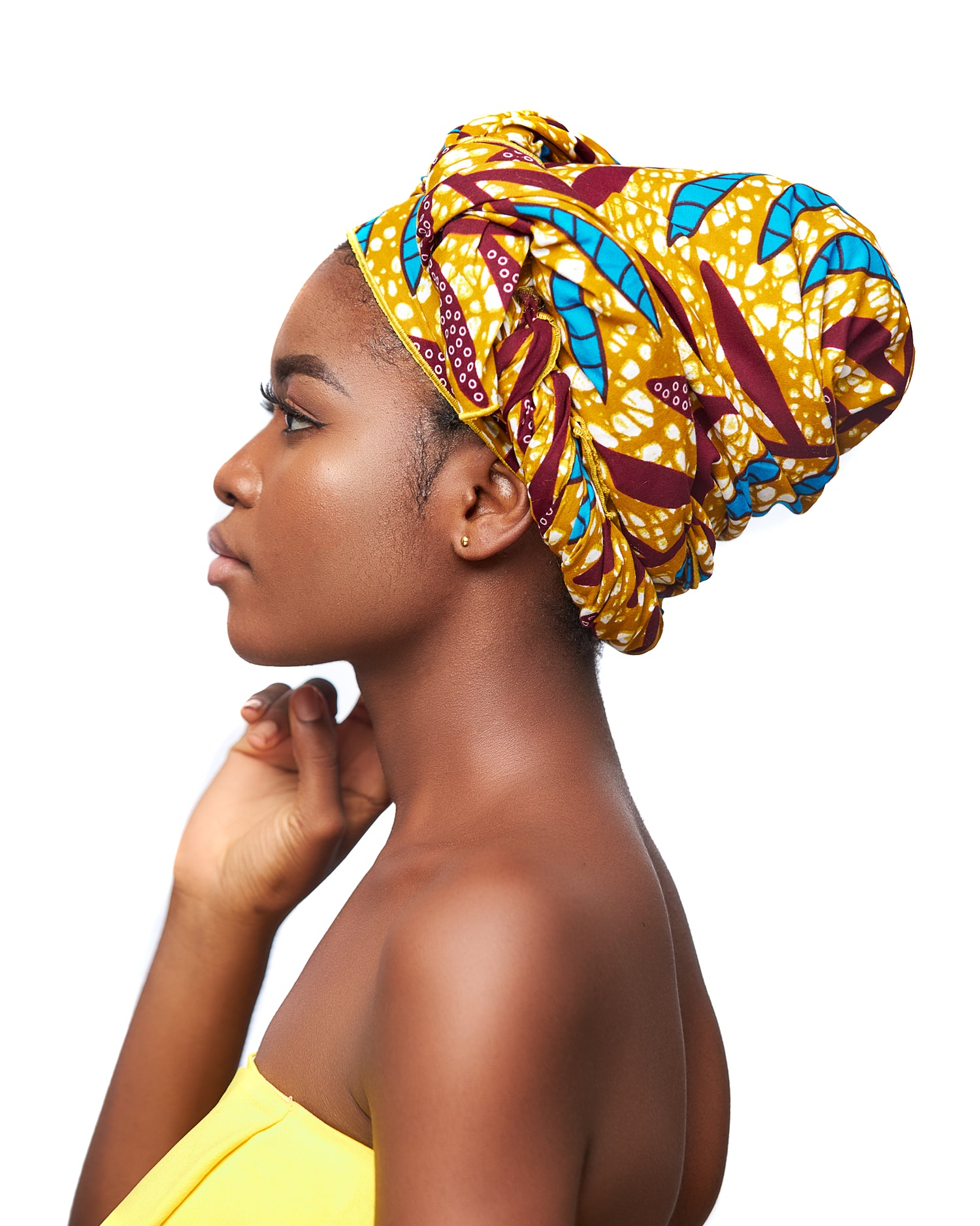 Gold,Wine,seablue And White Leafy Designed  Ankara Detachable Silklined Headwrap