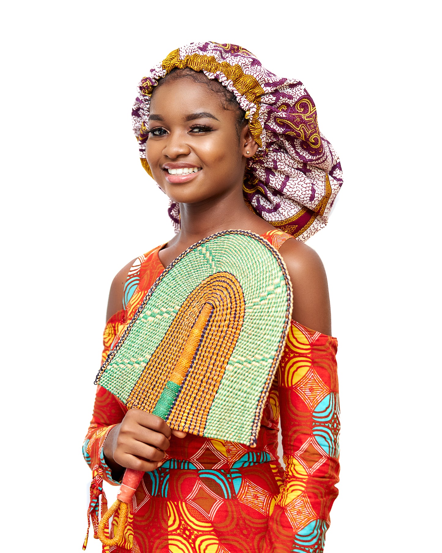 Ankara Wax Print Made of White, Purple and Gold Blend of Beautiful Colours And Pattern, Hand Made Elastic With Gold Silk lined Hair Bonnet