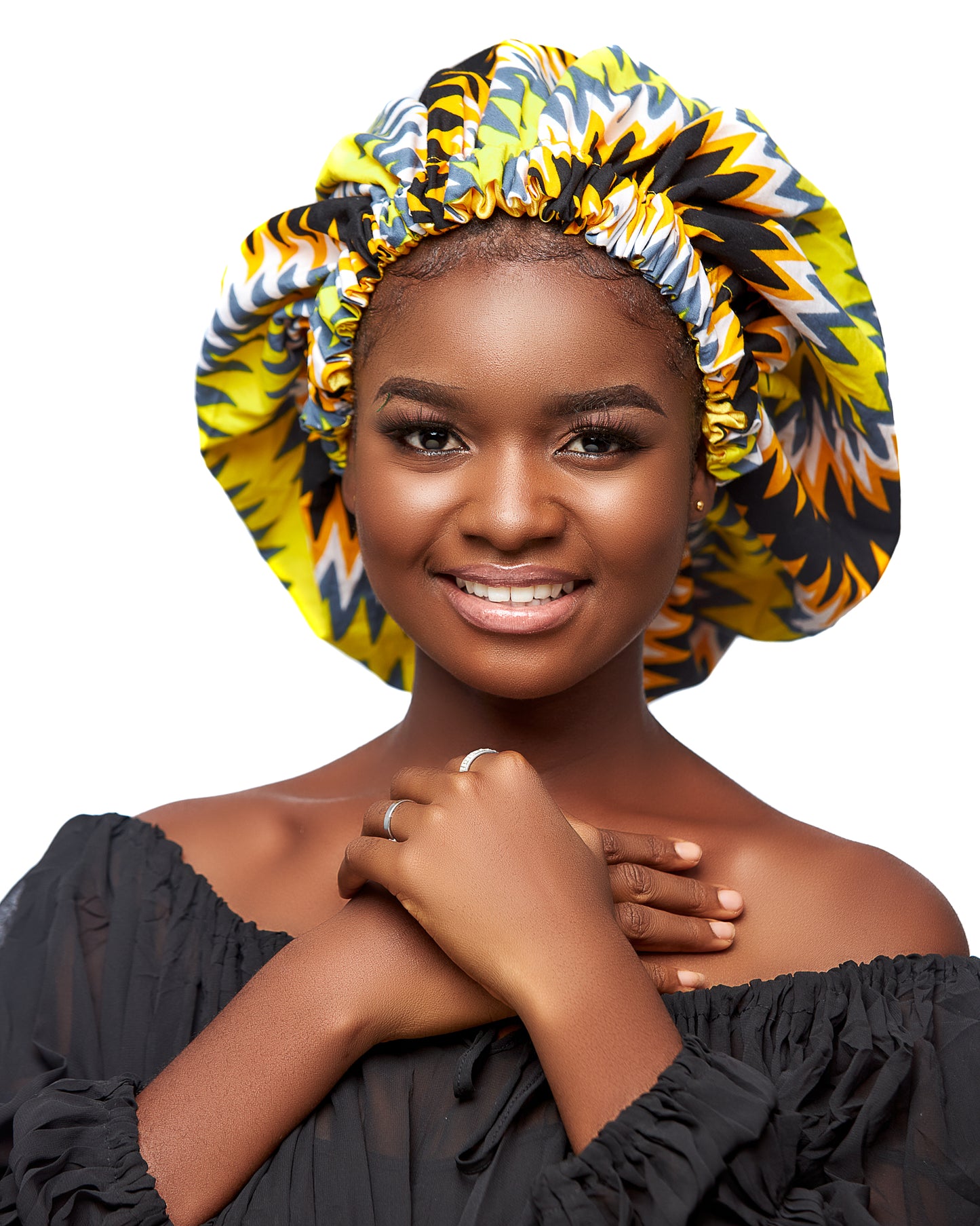 Ghanaian Kente Wax Print Made of Yellow, Gold,,Ash White and Black Blend of Beautiful Colours And Pattern With Adinkira Symbols, Hand Made Elastic With Gold Silk lined Hair Bonnet