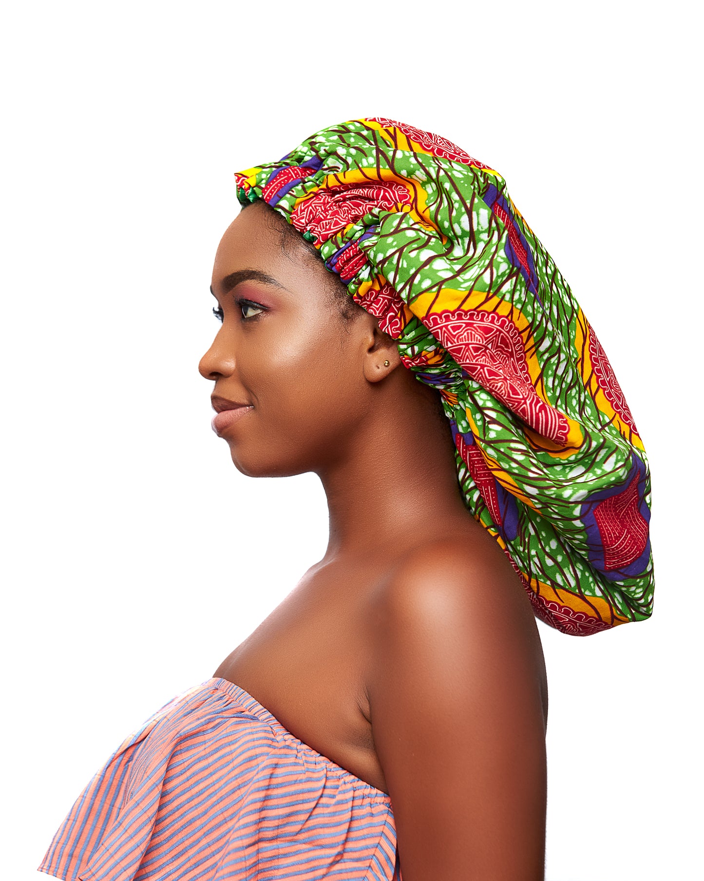Green, Red, Blue And Yellow Mix Pattern Design Ankara Wax Print With Green Silk Lined Hair Bonnets