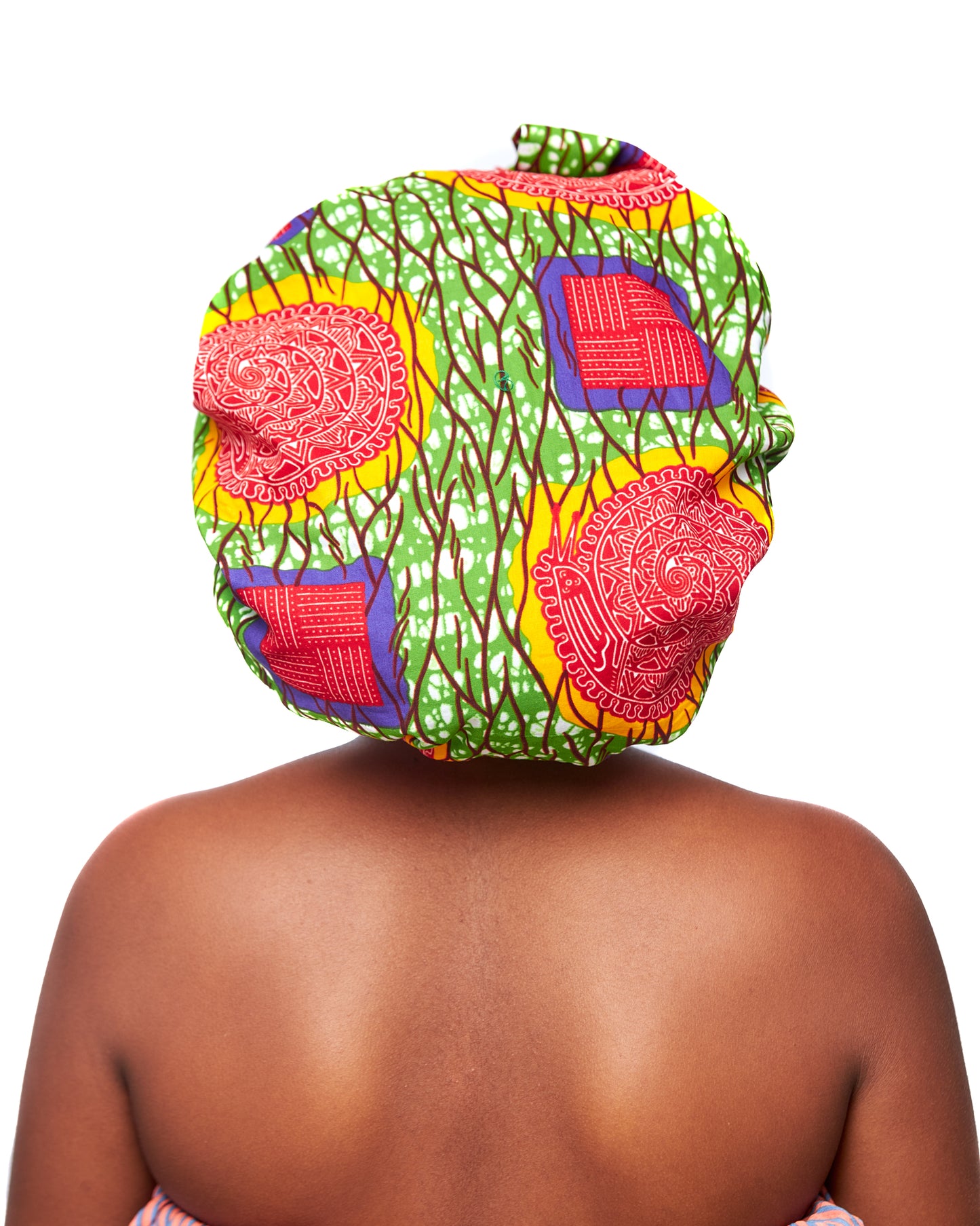 Ankara Wax Print Made of Green, Yellow, Red, White And Purple Blend of Beautiful Colours And Pattern, Hand Made Elastic Silklined Bonnet With Band