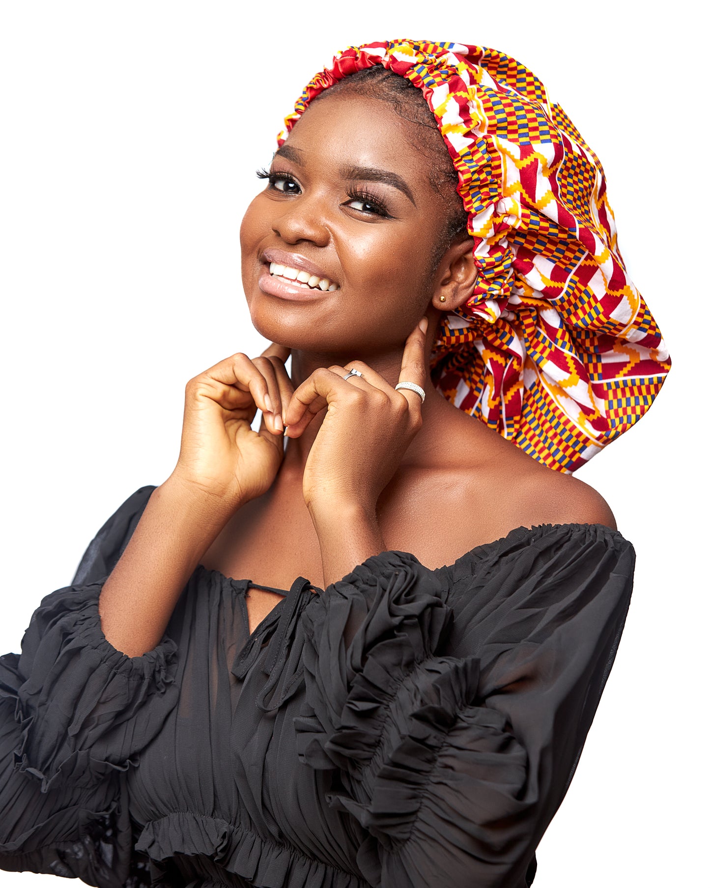 Ghanaian Kente Wax Print Made of Yellow,Red ,White and Blue Blend of Beautiful Colours And Pattern With Adinkira Symbols, Hand Made Elastic With Red Silk lined Hair Bonnet