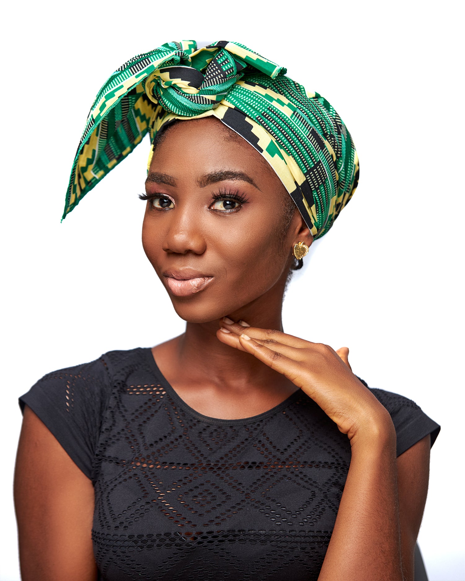 Green Yellow, Black And White Ghanaian Kente Detachable Silklined Headwrap