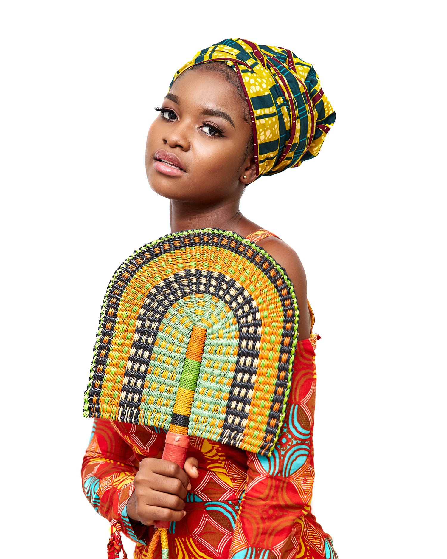 Ankara Wax Print Made of White, Curry, Redwine And Seablue Stripped Green Blend of Beautiful Colours And Pattern, Hand Made Elastic Silklined Bonnet With Band