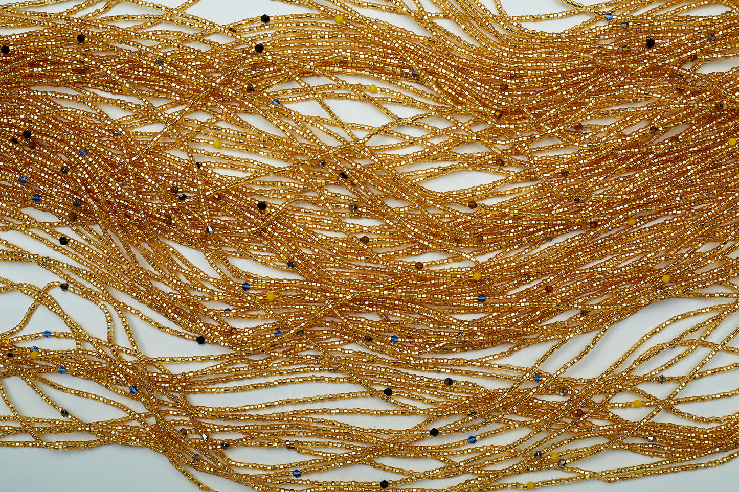 46 Inches Shiny Gold Glass Beads With Blue And Black Pebble Bar Tie On waist beads