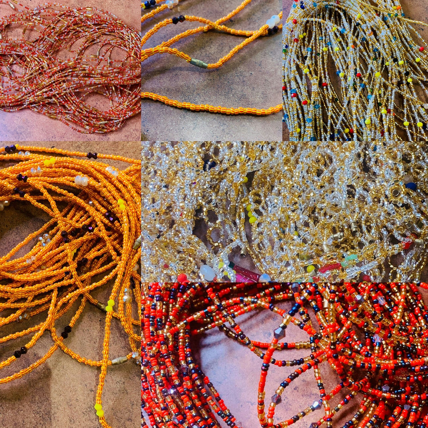6 Colored waist beads including 47 Inches Gold And Silver Beads With Yellow, Red And Blue Pebble Bar Removable Screw Waist Beads, 48 Inches Gold and clear Crystal beads With Red, Yellow, And Blue Pebble Bar Removable Screw Waist Beads And 48 Inches Stripped Yellow And Orange With Black ,Yellow And Clear Crystal Pebble Bar Removable Screw Waist Beads