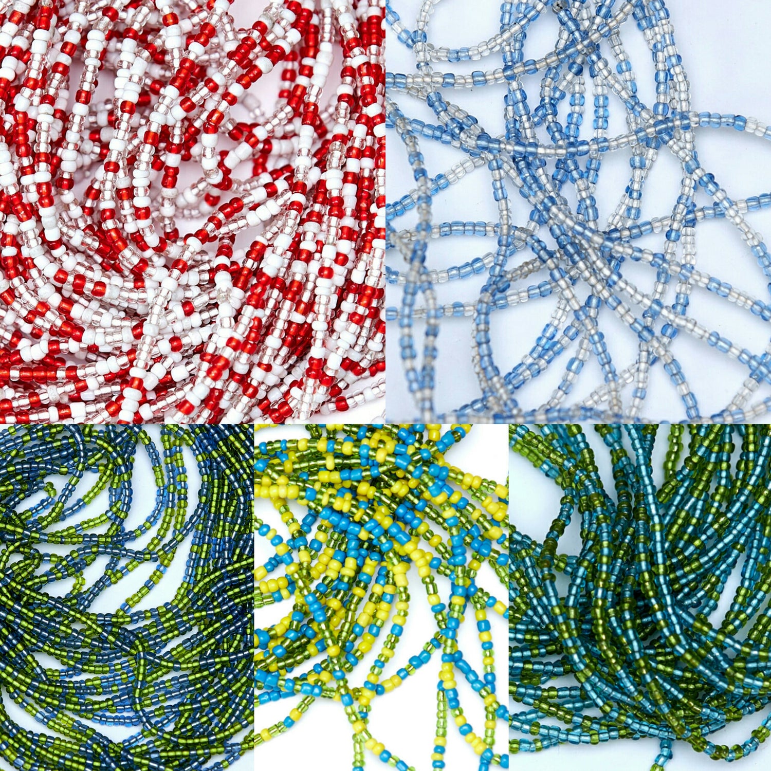 5 Pictures of different Colors of waist beads including 40 Inches Sea Blue And Green Tie on Waist Beads, 40 Inches Light Blue And Green Tie on Waist Beads, 40 Inches Blue and Clear Crystal Tie On Waist Beads, 40 Inches Red And White Tie on Waist Beads, and 44 Inches Yellow And Blue Tie on Waist Beads.