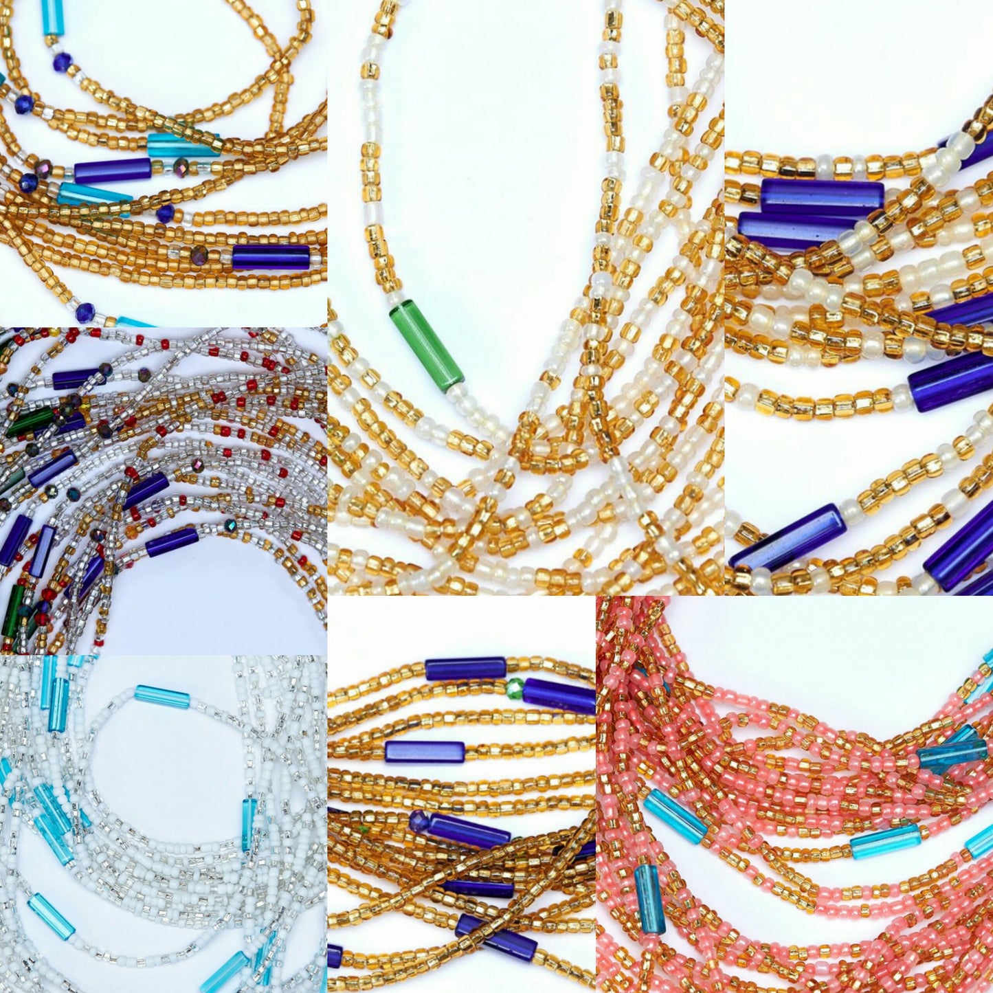 7 Colored Waist Beads Including 45 Inches Wine and Clear Crystal Tie on Waist Beads, 45 Inches Silver And White Beads With Sea Blue Pebble Bar Tie On Waist Beads And 44 Inches Gold Beads With Deep Blue Pebble Bars Tie on Waist Beads