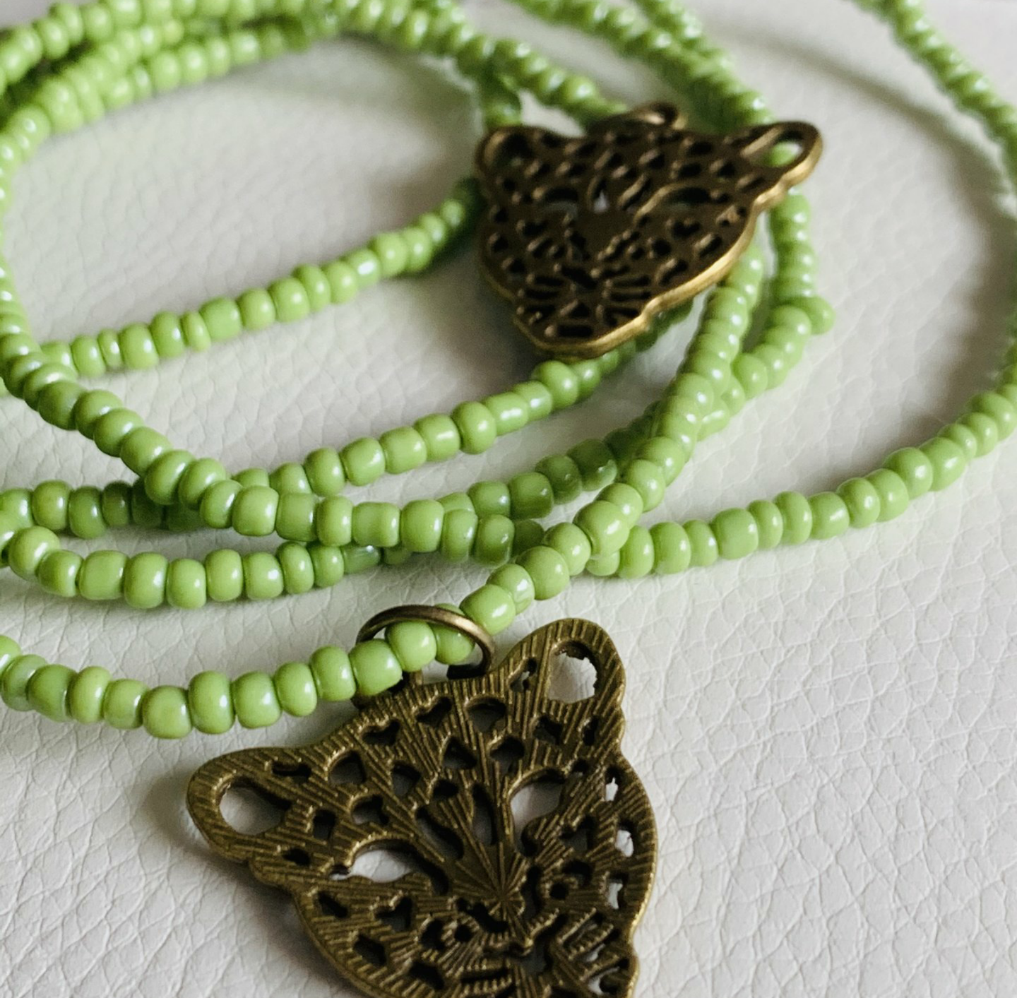 Green Beads With Gold Flat Leopard Waist Bead Charm