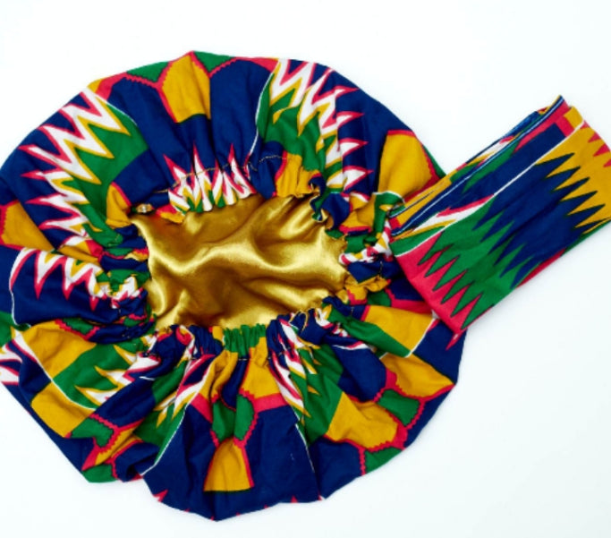 Ghanaian Kente Wax Print Made of Pink,Gold, Red, Green,Blue Blend of Beautiful Colours And Pattern With Adinkira Symbols, Hand Made Elastic Silklined Bonnet With Band