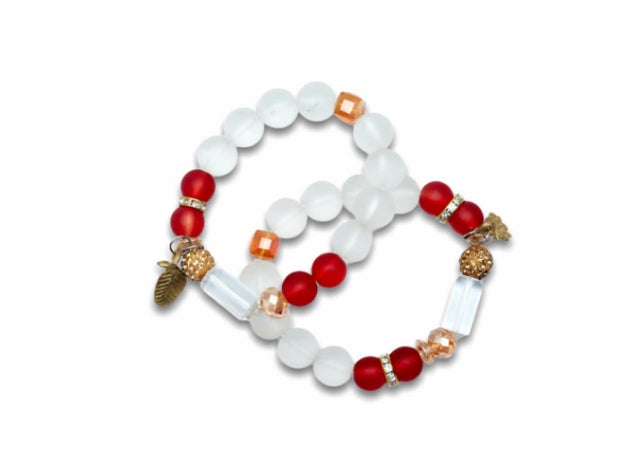 Clear And Red Coloured Bright Medley Fused Rondelle Recycled Glass beaded BRACELET With Pendant Ghana Beads