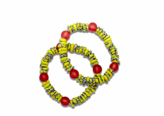 Yellow,Red,Blue Stripped Coloured Bright Medley Fused Rondelle Recycled Glass beaded BRACELET Ghana Beads