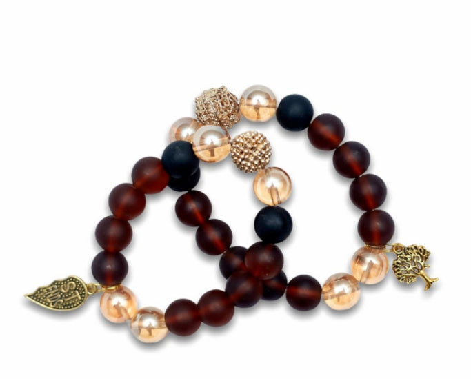 Brown,Gold And Black Coloured Bright Medley Fused Rondelle Recycled Glass beaded BRACELET With Pendant Ghana Beads