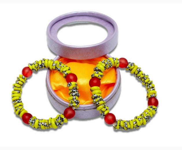 Yellow,Red,Blue Stripped Coloured Bright Medley Fused Rondelle Recycled Glass beaded BRACELET Ghana Beads