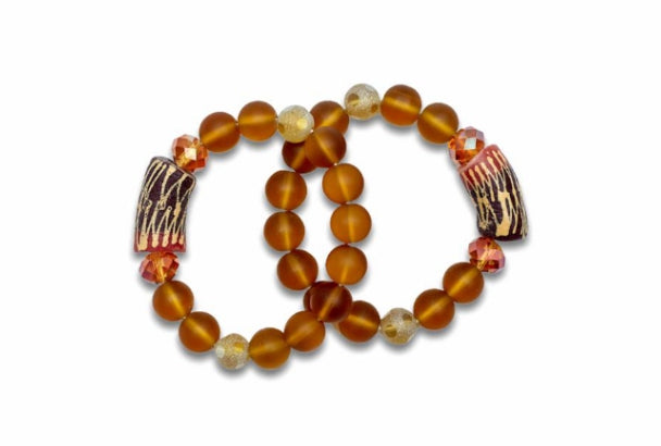 Gold And Black Red Dipo Coloured Bright Medley Fused Rondelle Recycled Glass beaded BRACELET Ghana Beads