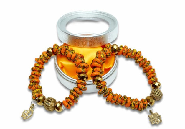 Orange,Gold And Black Coloured Bright Medley Fused Rondelle Recycled Glass beaded BRACELET With Pendant Ghana Beads